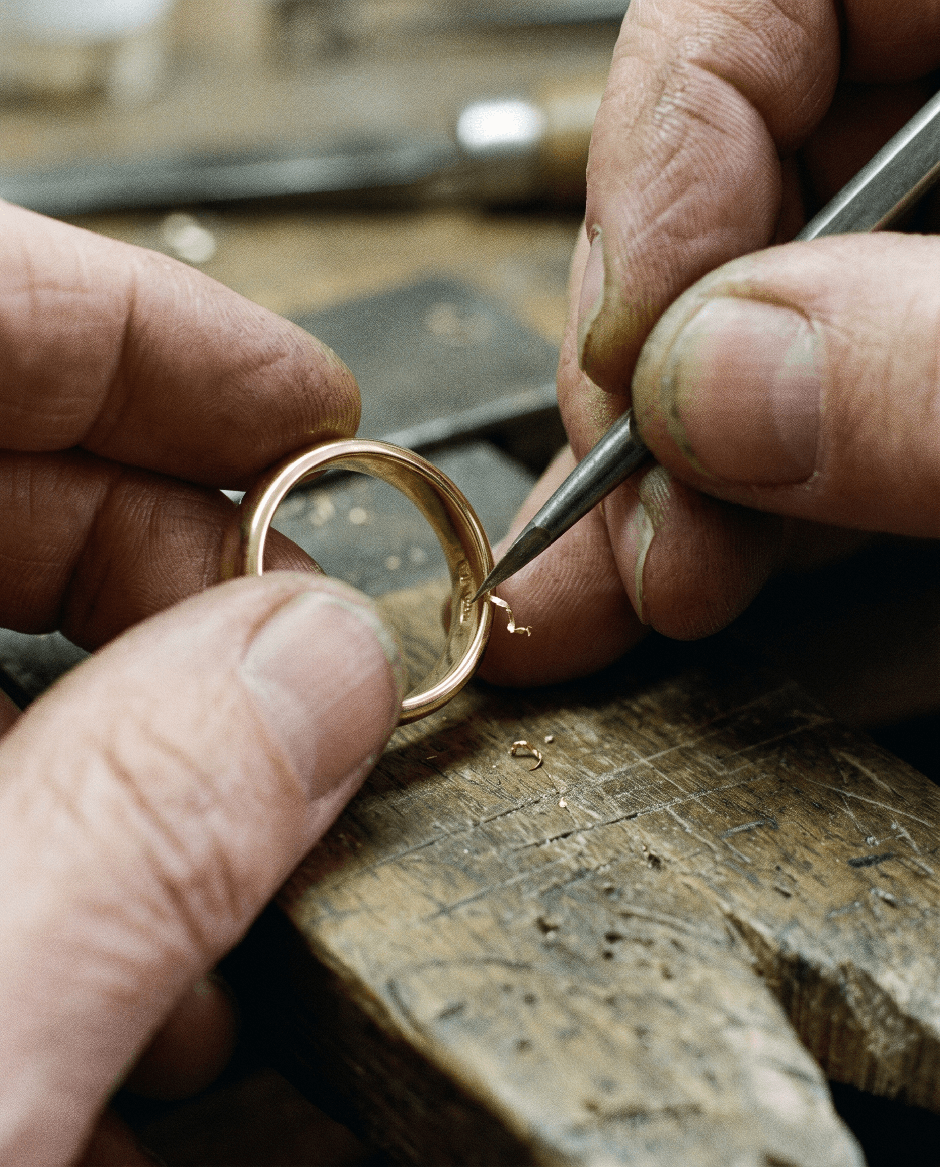 The OV hallmark engraved by hand at the workbench