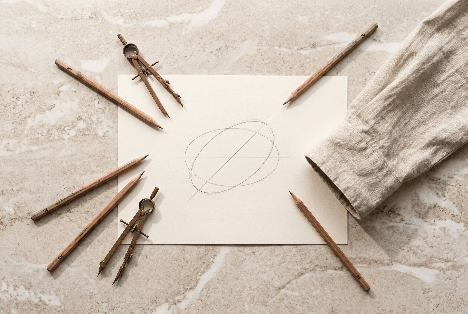 A ring drawn as two overlapping ellipses on the atelier drawing table