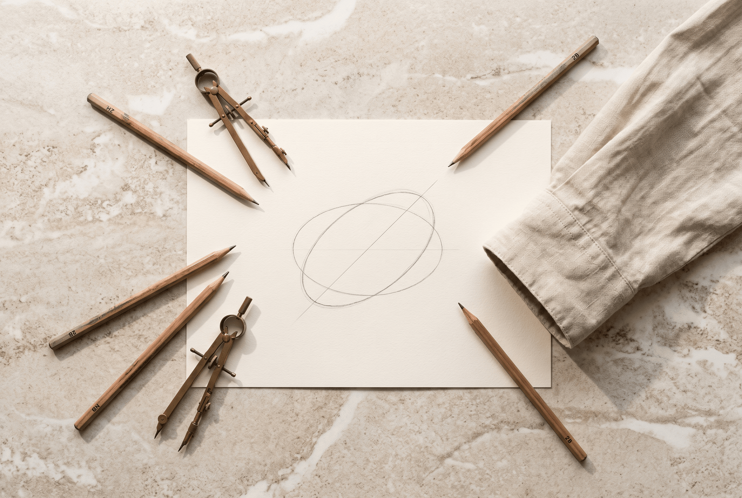 A ring drawn as two overlapping ellipses on the atelier drawing table