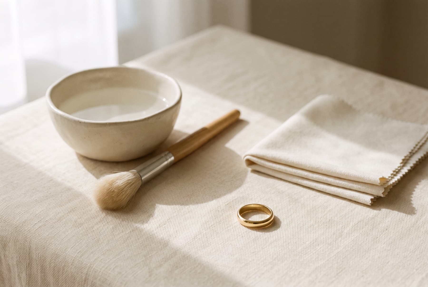 A bowl of warm water, a soft brush, a folded polishing cloth and a gold band on ivory linen