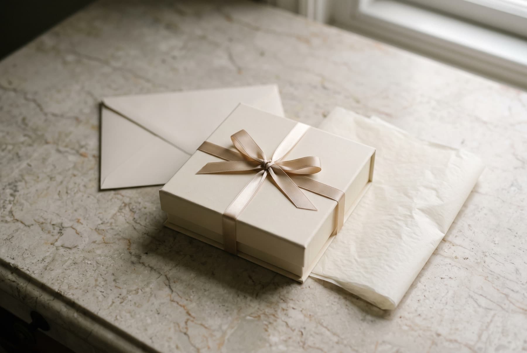 A cream jewellery box tied with champagne ribbon, beside tissue paper and a card envelope
